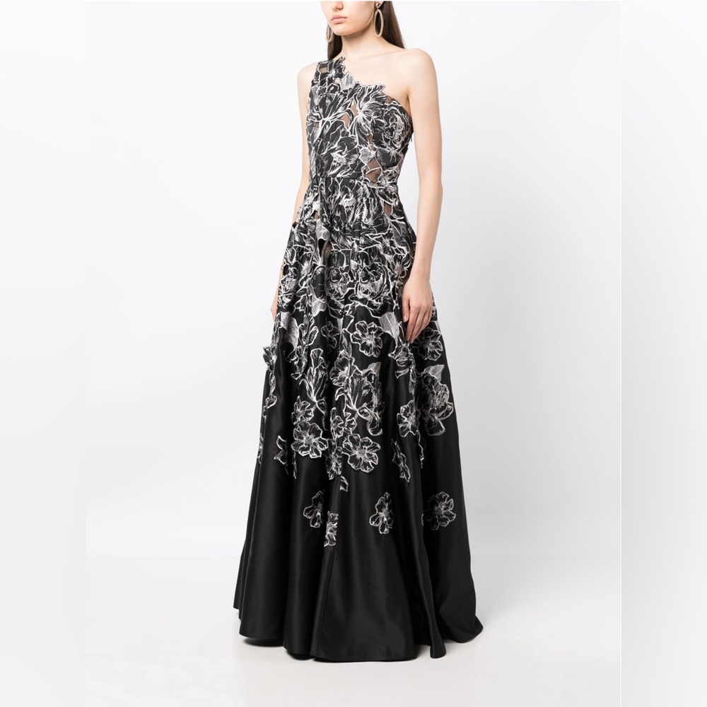 MARCHESA NOTTE One-shoulder embroidered duchesse-satin gown.